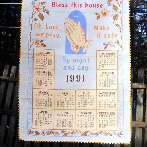 VTG 1991 Calendar Towel Bless this House Prayer & Praying Hands Crochet Edge - Picture 3 of 7